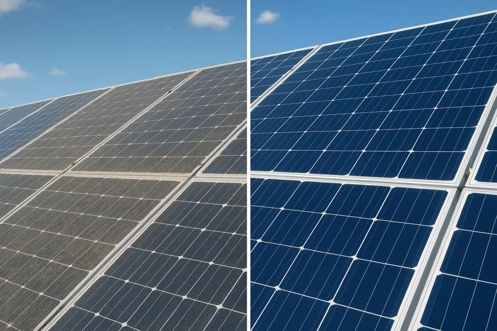 Split image showing dirty/underperforming panels vs. clean, efficient panels due to commercial solar maintenance for school